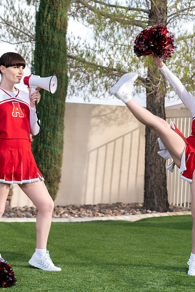 Cunning, willowy trans cheerleader with firm natural tits informs a newcomer, who thanks her with or…